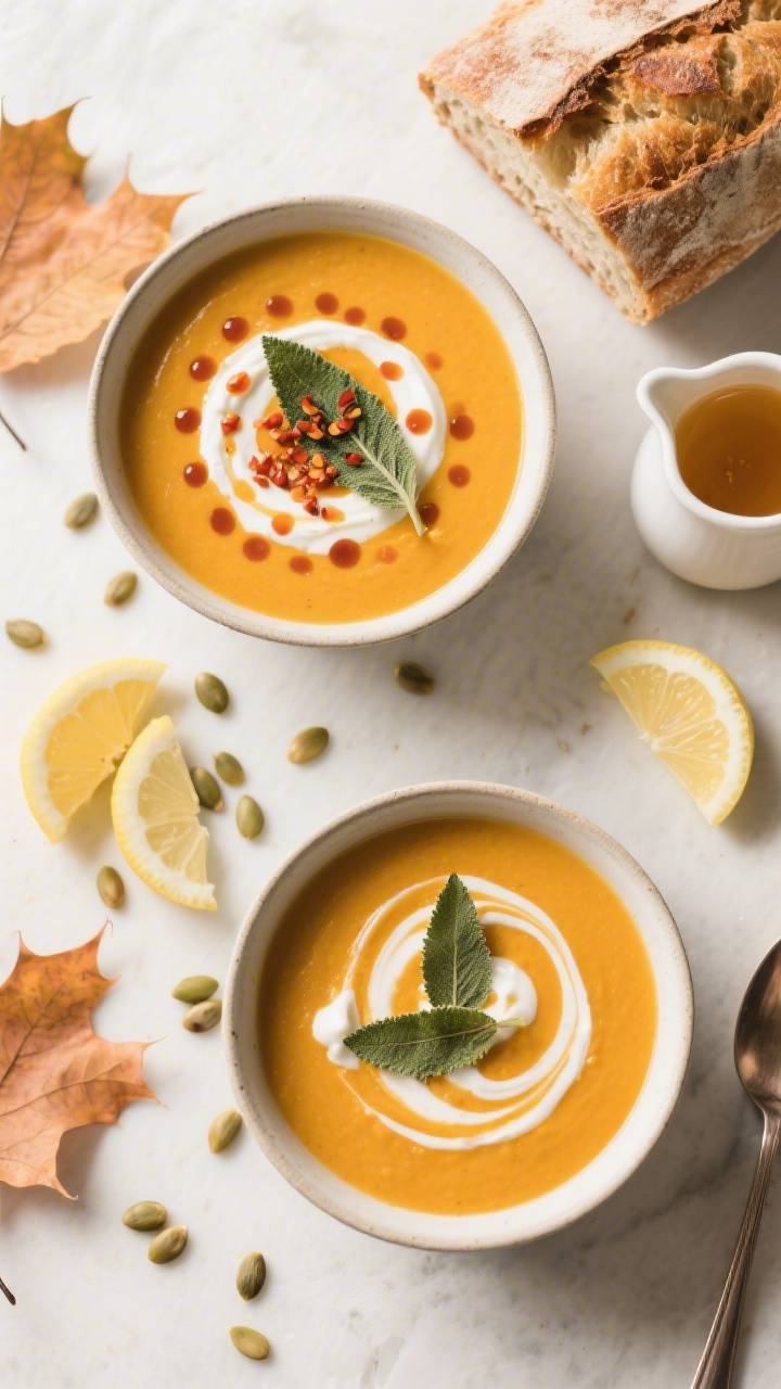 Tasty top view, overhead shot: Overhead shot of a fall-inspired tablescape featuring two bowls of bu