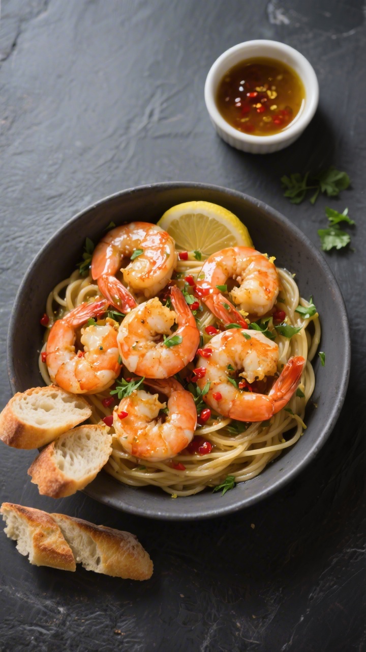 Tasty top view, overhead shot: Overhead shot of shrimp scampi served bowl-style without pasta—plum