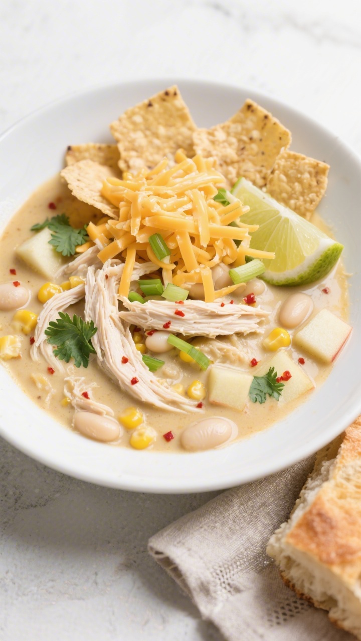Tasty top view, overhead: White Cheddar Apple Chicken Chili in a wide, matte white bowl, creamy pale