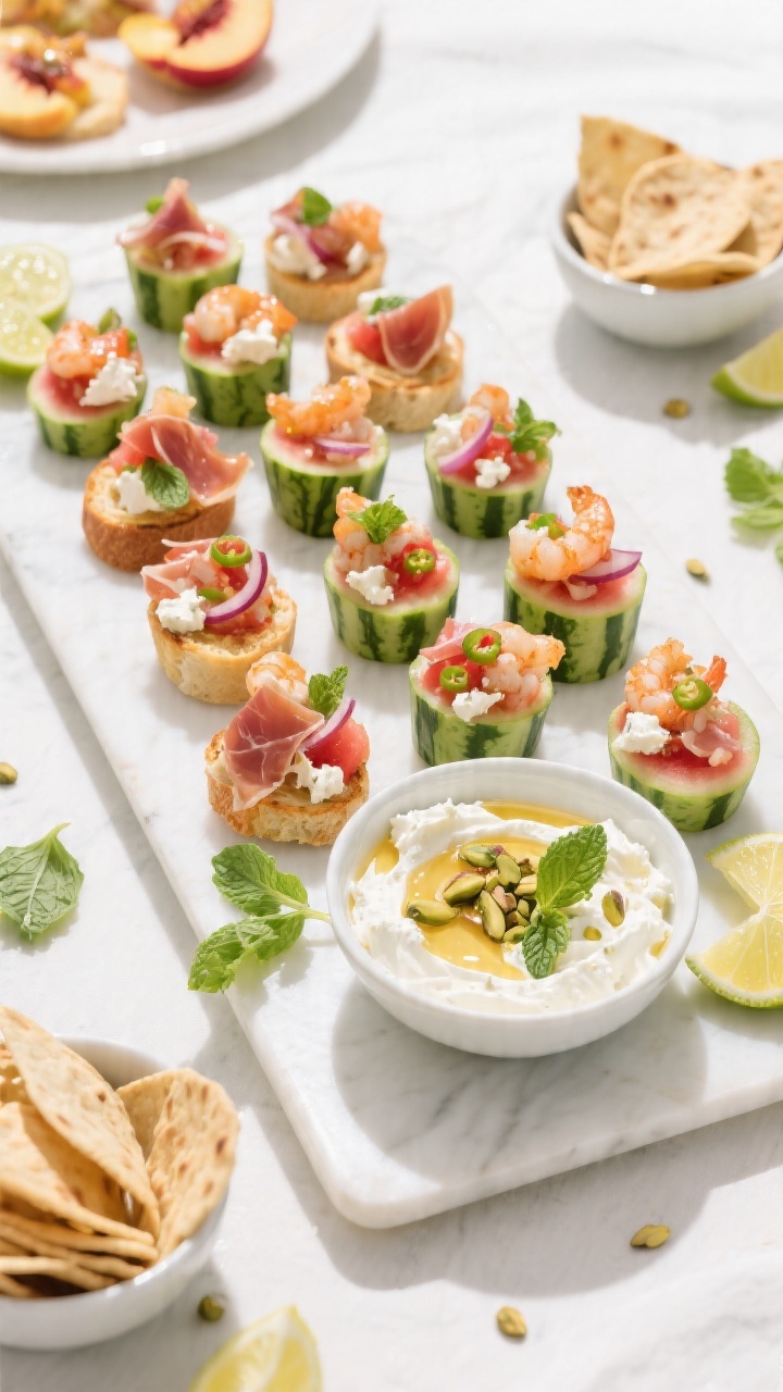 Tasty top view: Party platter of assorted summer bites — overhead shot of a large white serving bo