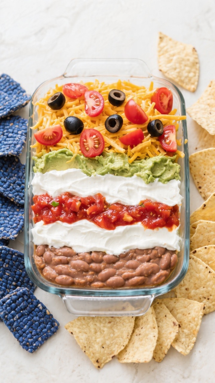 Tasty top view – Patriotic Layered Bean Dip: Overhead shot of a clear 9x13 dish showing neat, defi