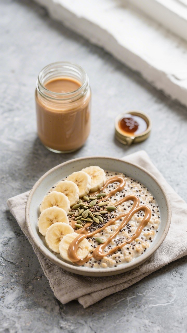 Tasty top view – Peanut Butter Banana Overnight Oats: Overhead shot of a jar and a shallow bowl of
