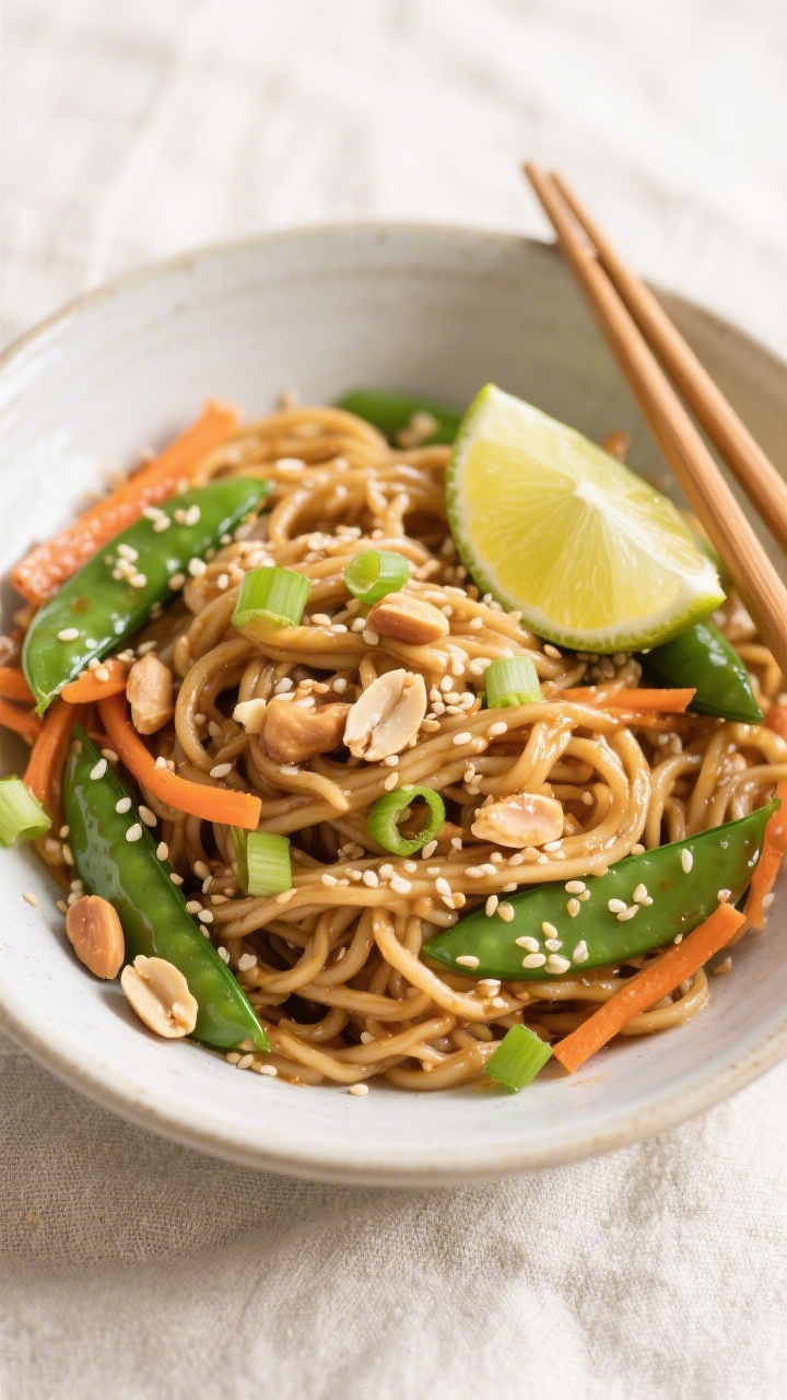 Tasty top view: Peanut sesame noodles in a wide shallow bowl—silky peanut-sesame coated noodles ta
