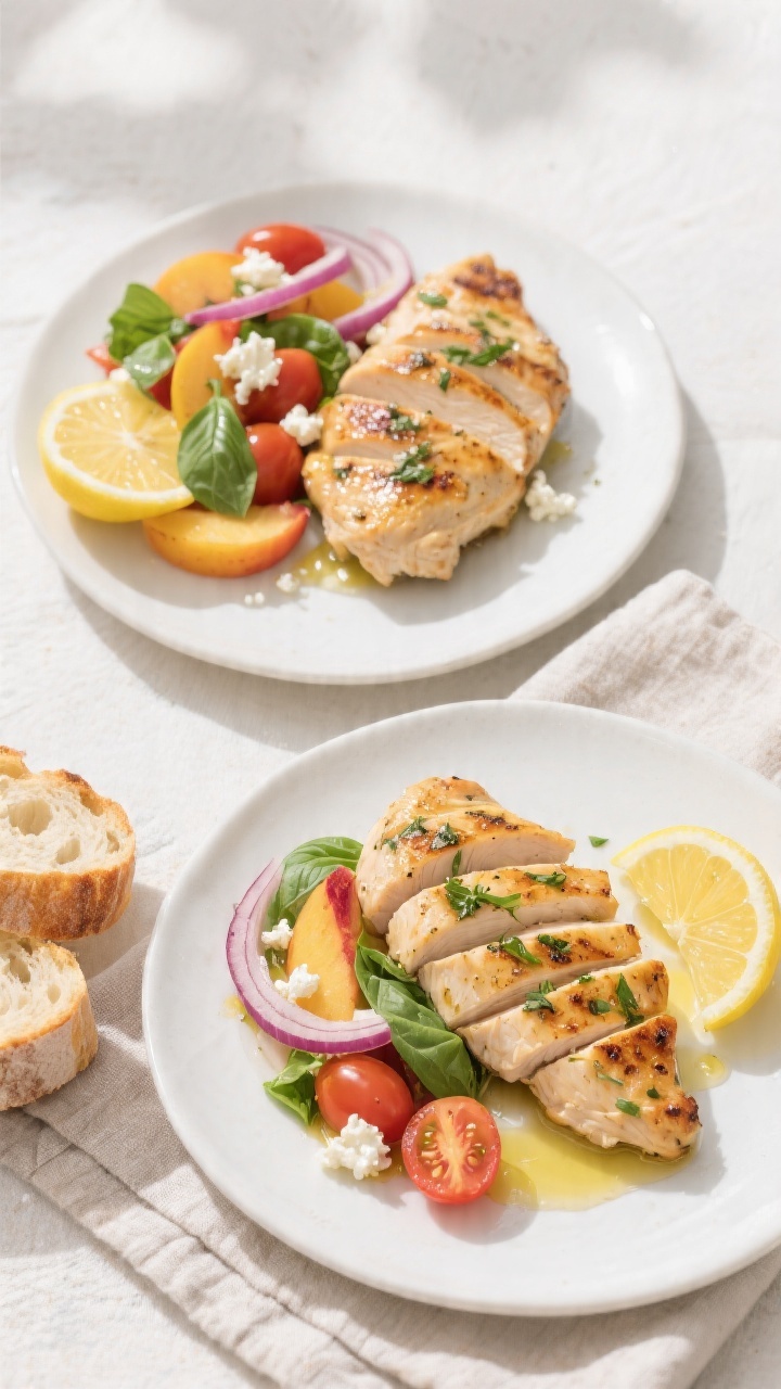Tasty top view, plated main: Overhead shot of a summer dinner plate for two—sliced lemon-herb gril