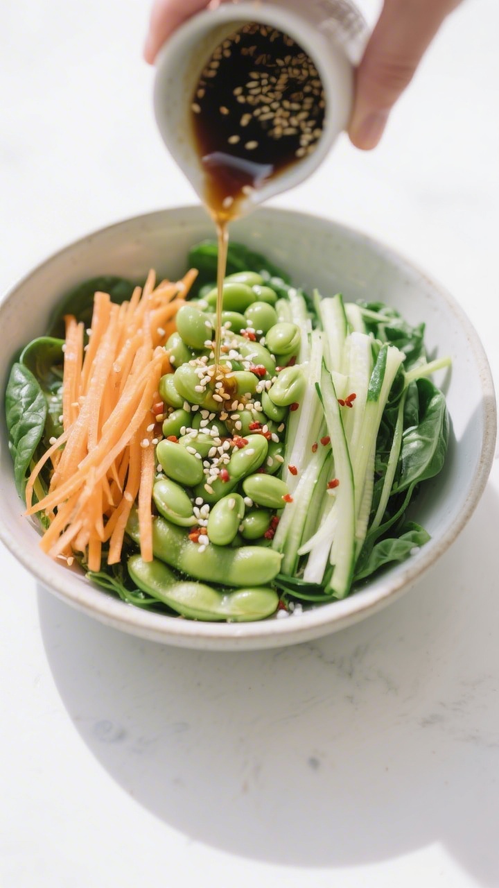 Tasty top-view process shot: Overhead assembly of an Edamame Sesame Bowl in a wide, shallow bowl—b