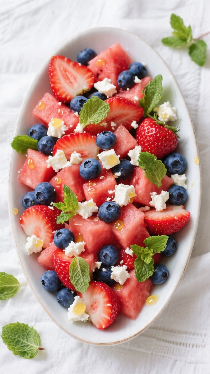 Tasty top view – Red, White & Blue Berry Salad with Watermelon and Feta: Overhead shot of a shallo