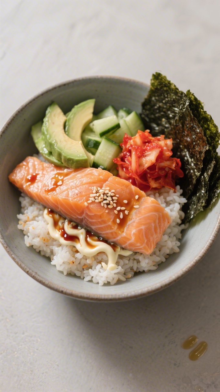 Tasty top view — Salmon Rice Bowl: Overhead shot of a neatly composed salmon rice bowl in a matte 