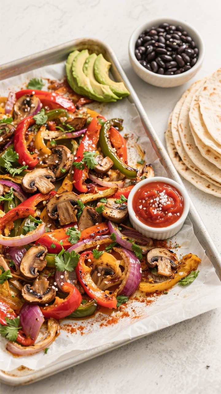 Tasty top view — Sheet-Pan Fajita Veggies spread for assembling: Overhead shot of a parchment-line