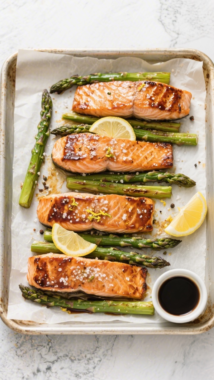 Tasty top view: Sheet-Pan Salmon & Asparagus finished and ready to serve—overhead shot of four sal