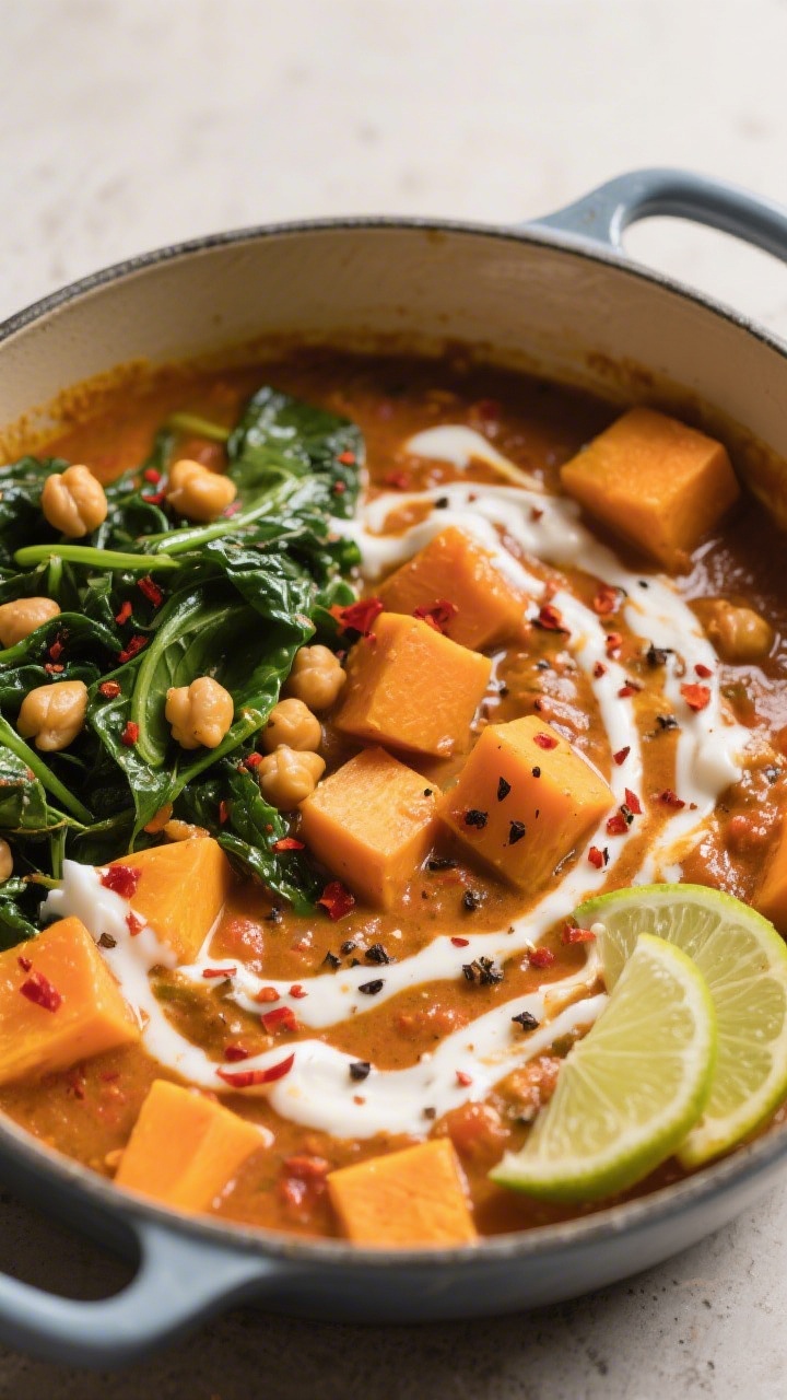 Tasty top view — Simmered curry with tender squash: Overhead shot of a Dutch oven filled with butt