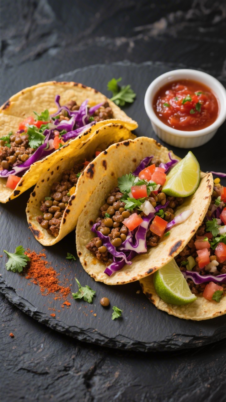 Tasty top view: Smoky lentil tacos—overhead shot of warm corn tortillas filled with spiced lentil 