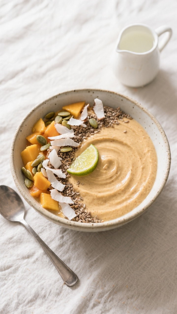 Tasty top view: Smoothie bowl variation in a wide ceramic bowl, ultra-thick blend swirled smooth, ga