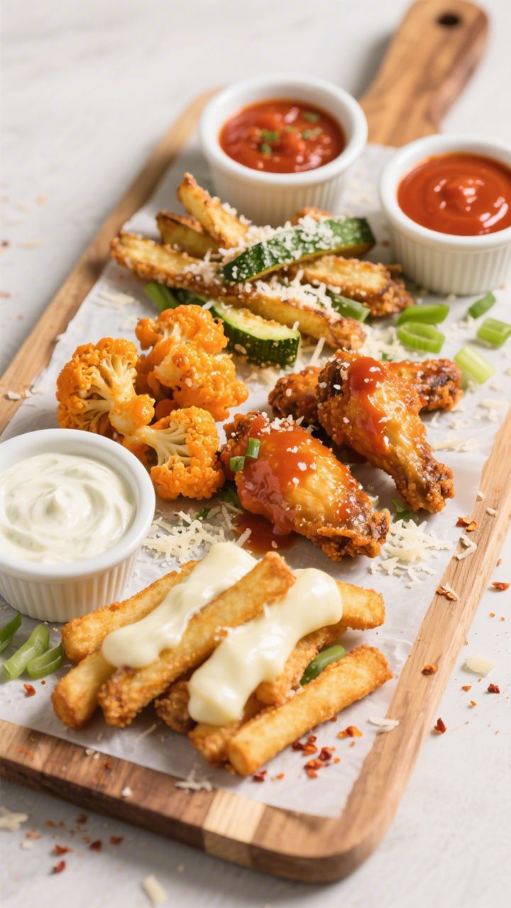 Tasty top view, snack board style: Overhead shot of an air-fried appetizer spread—zucchini fries w