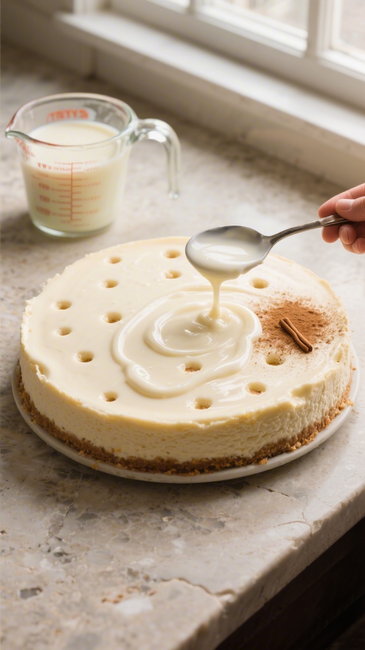 Tasty top view, soaking stage: Overhead shot of the cooled cheesecake after poking holes, with the t
