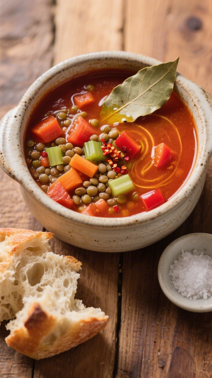 Tasty top-view soup shot: Overhead shot of Hearty Veggie Lentil Soup in a heavy ceramic pot, showcas
