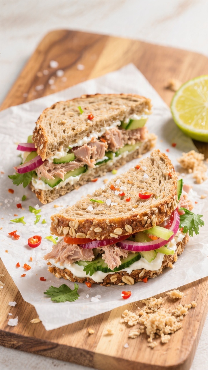 Tasty top view – Spicy Tuna Crunch on multigrain: Overhead shot of two diagonally sliced halves on
