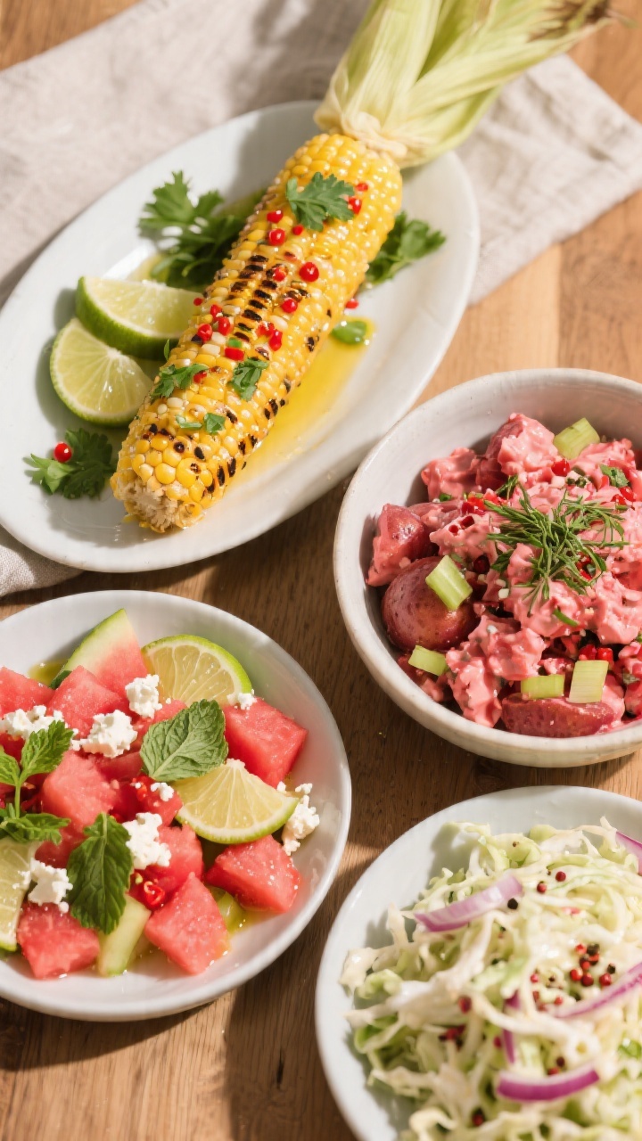 Tasty top-view spread: Overhead shot of the finished sides and corn—grilled corn on the cob brushe