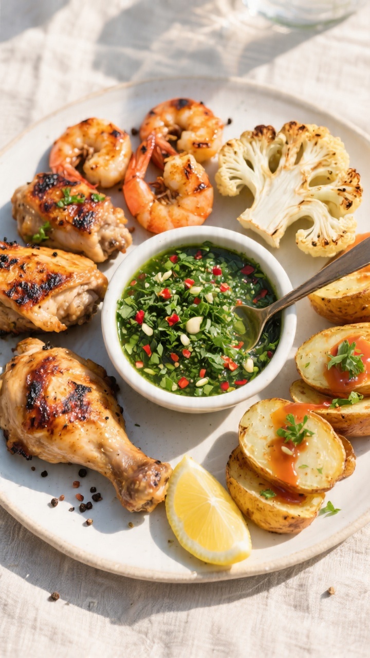 Tasty top view – summer platter variety: Overhead shot of a BBQ spread featuring a small bowl of c