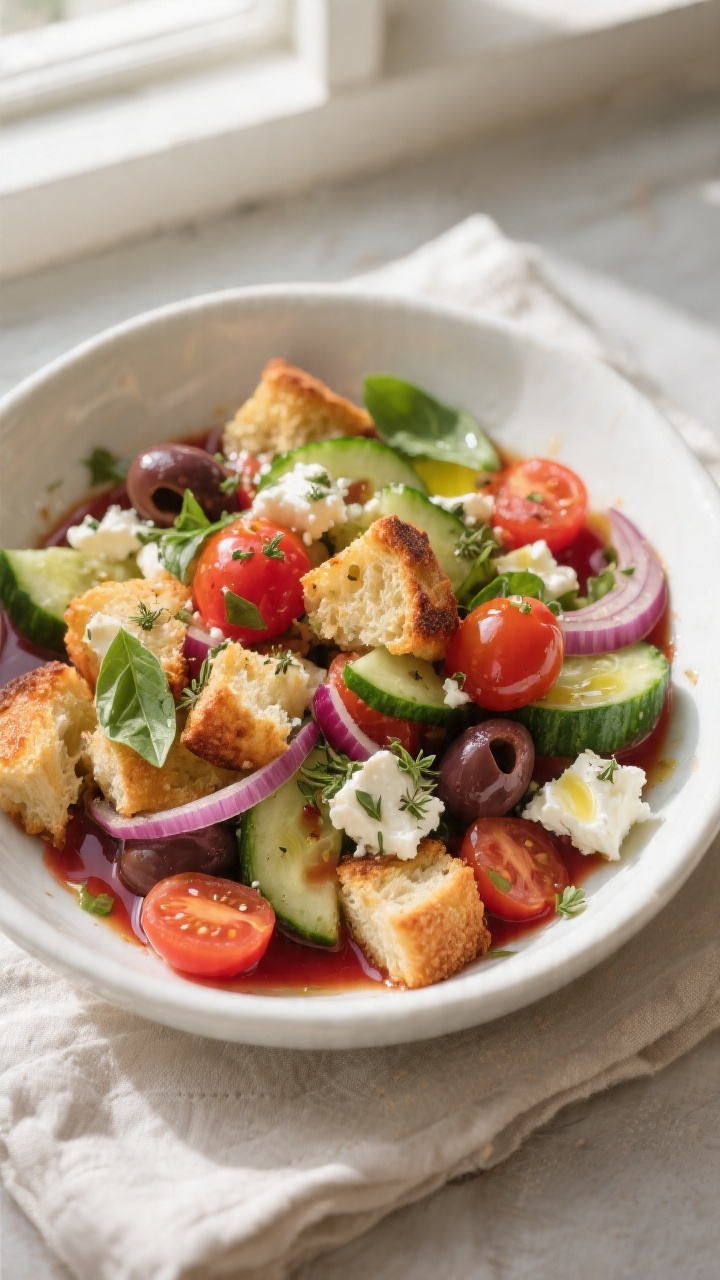 Tasty top view – Tomato, Cucumber, and Feta Panzanella: Overhead shot of a vibrant panzanella with