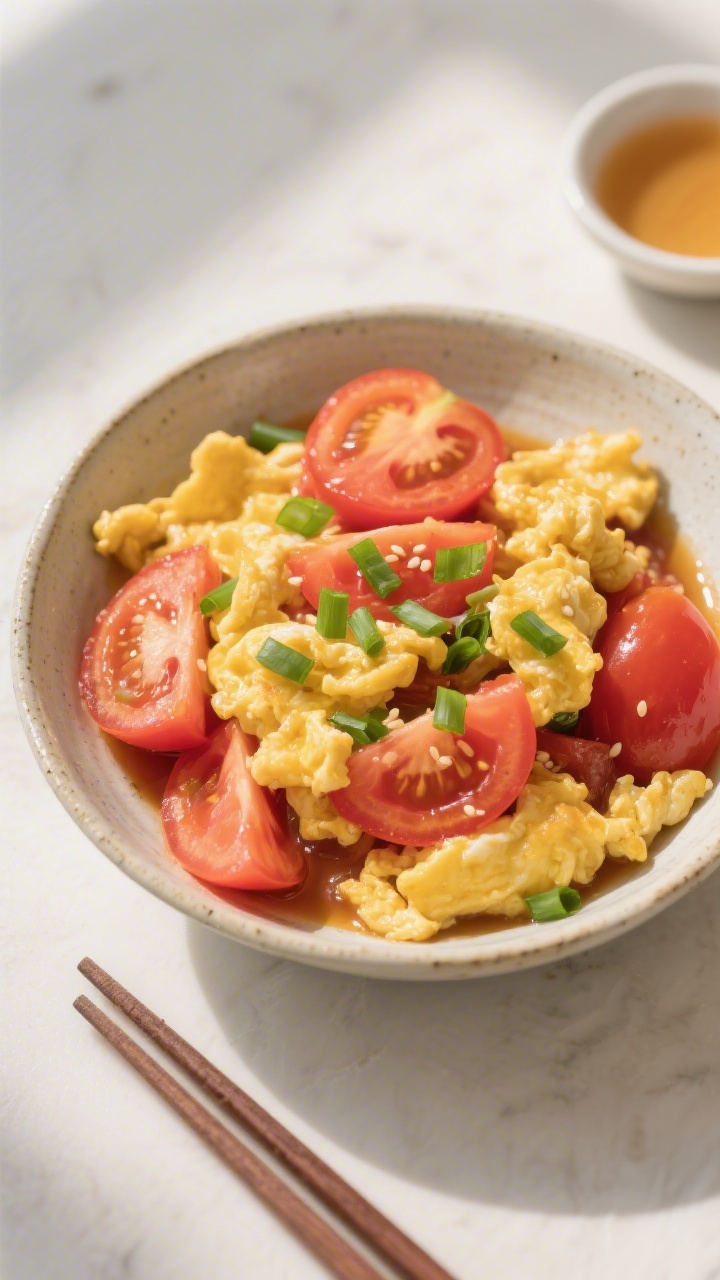 Tasty top view – Tomato Egg Stir-Fry: Overhead shot of a shallow ceramic bowl filled with pillowy