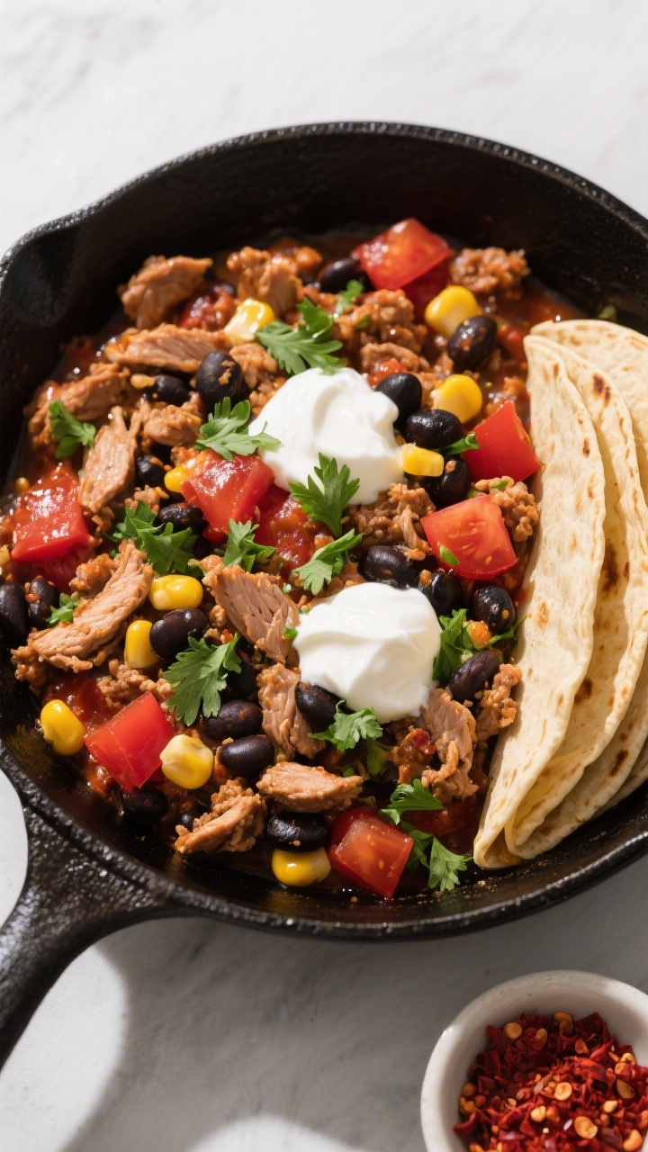 Tasty top view – Turkey Taco Skillet: Overhead shot of a colorful turkey taco skillet in a black c