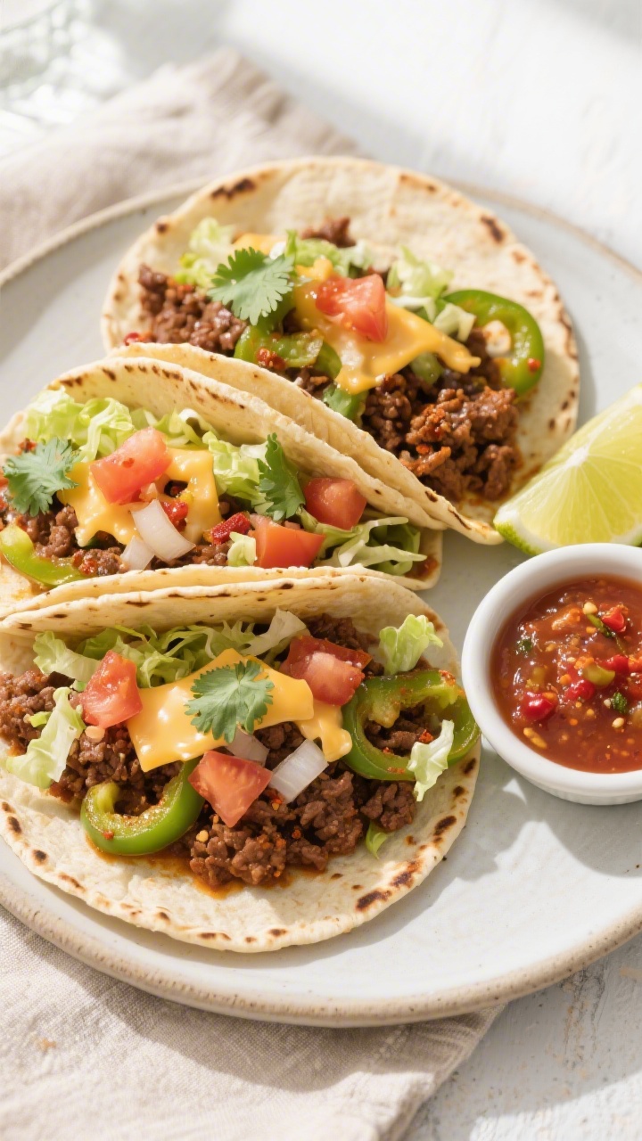 Tasty top view — Weeknight Taco Beef: overhead shot of warm tortillas filled with saucy, spiced gr