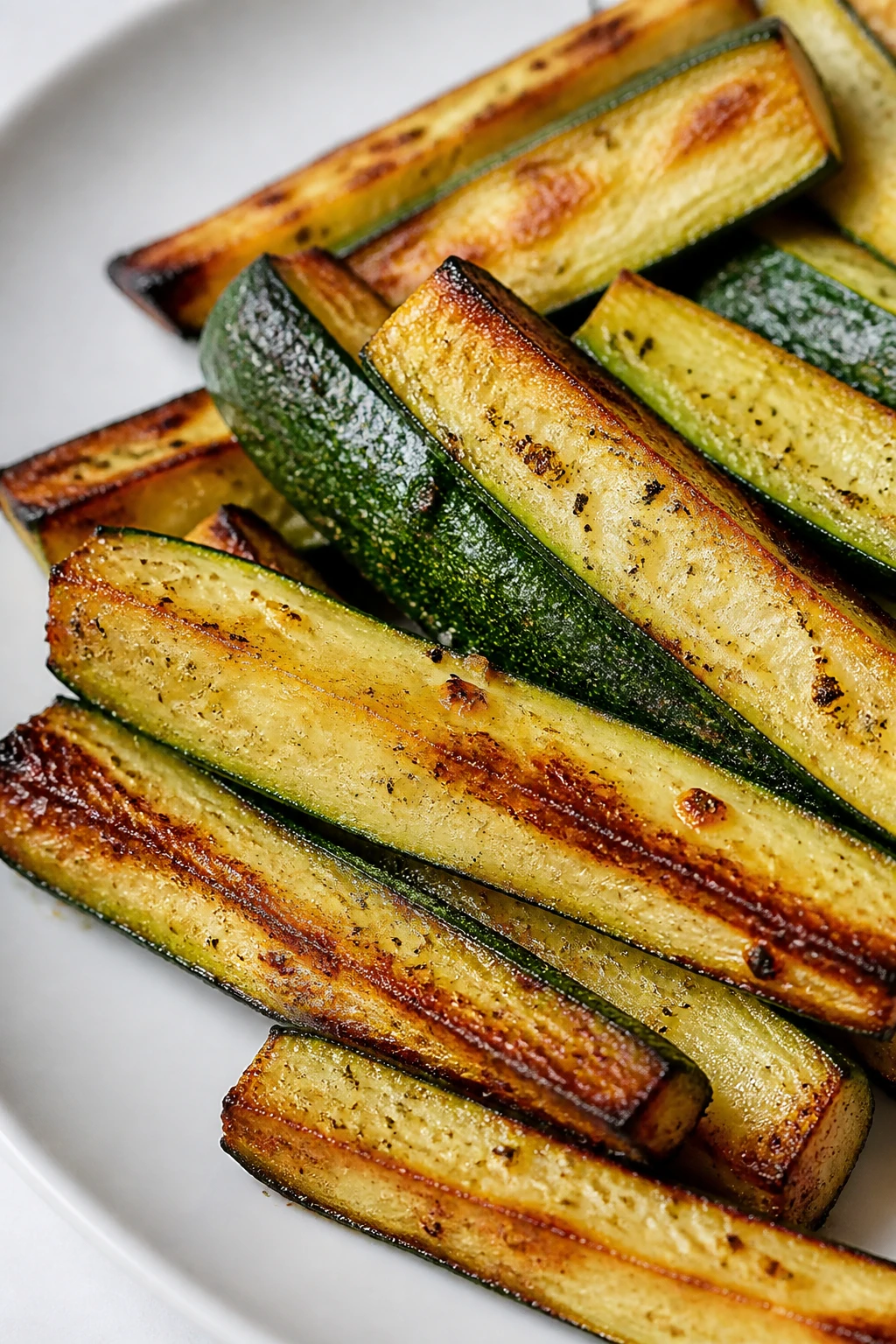 Closeup of baked zucchini sticks with caramelized edges on a white plate