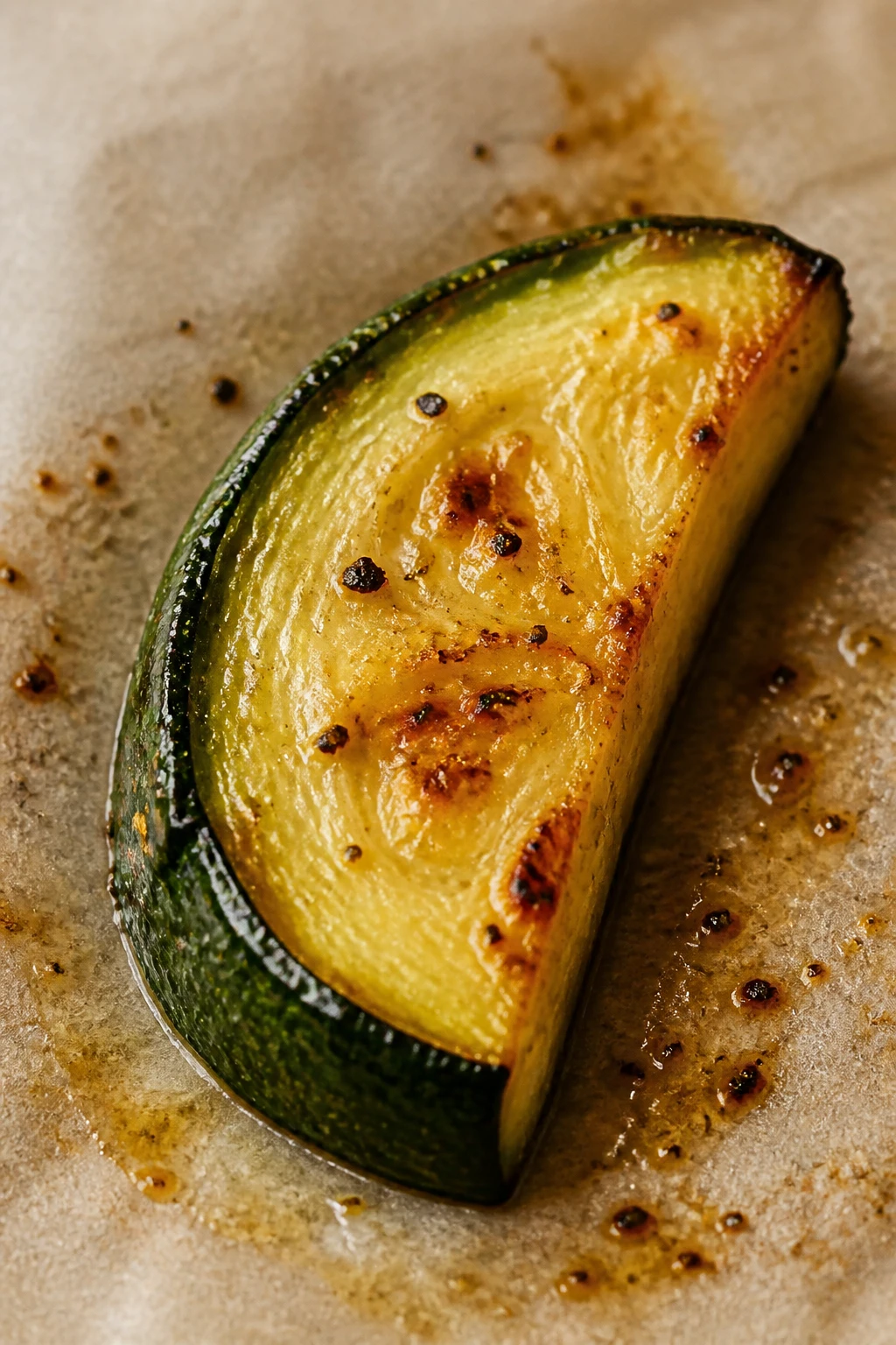 Closeup of a single roasted zucchini half-moon half on parchment