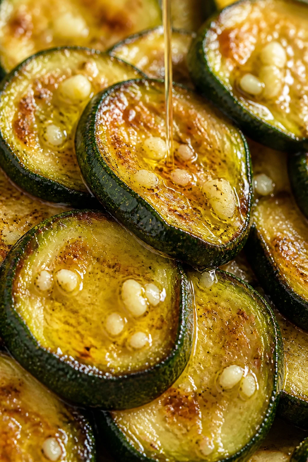 Closeup of garlic and olive oil drizzle glistening over crisp zucchini edges