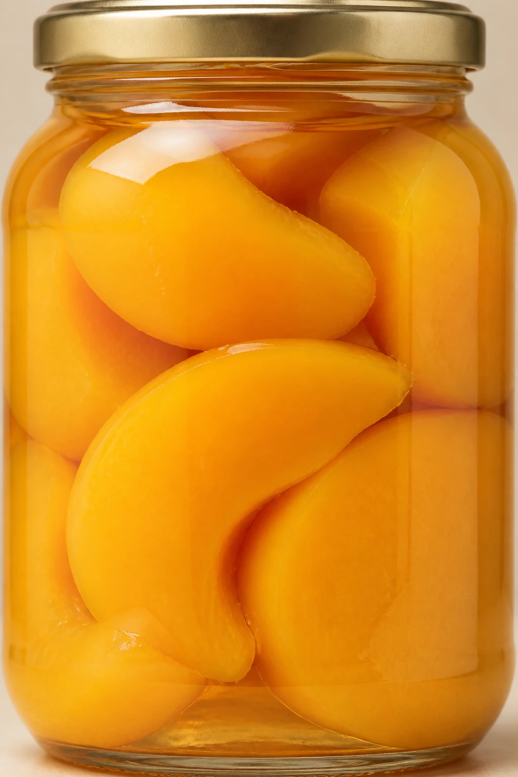 Closeup jar of peaches in syrup with label facing camera