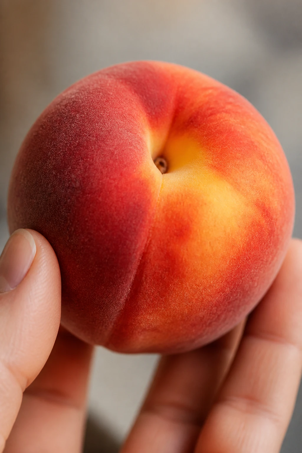 Closeup ripe peach held between fingers, soft lighting