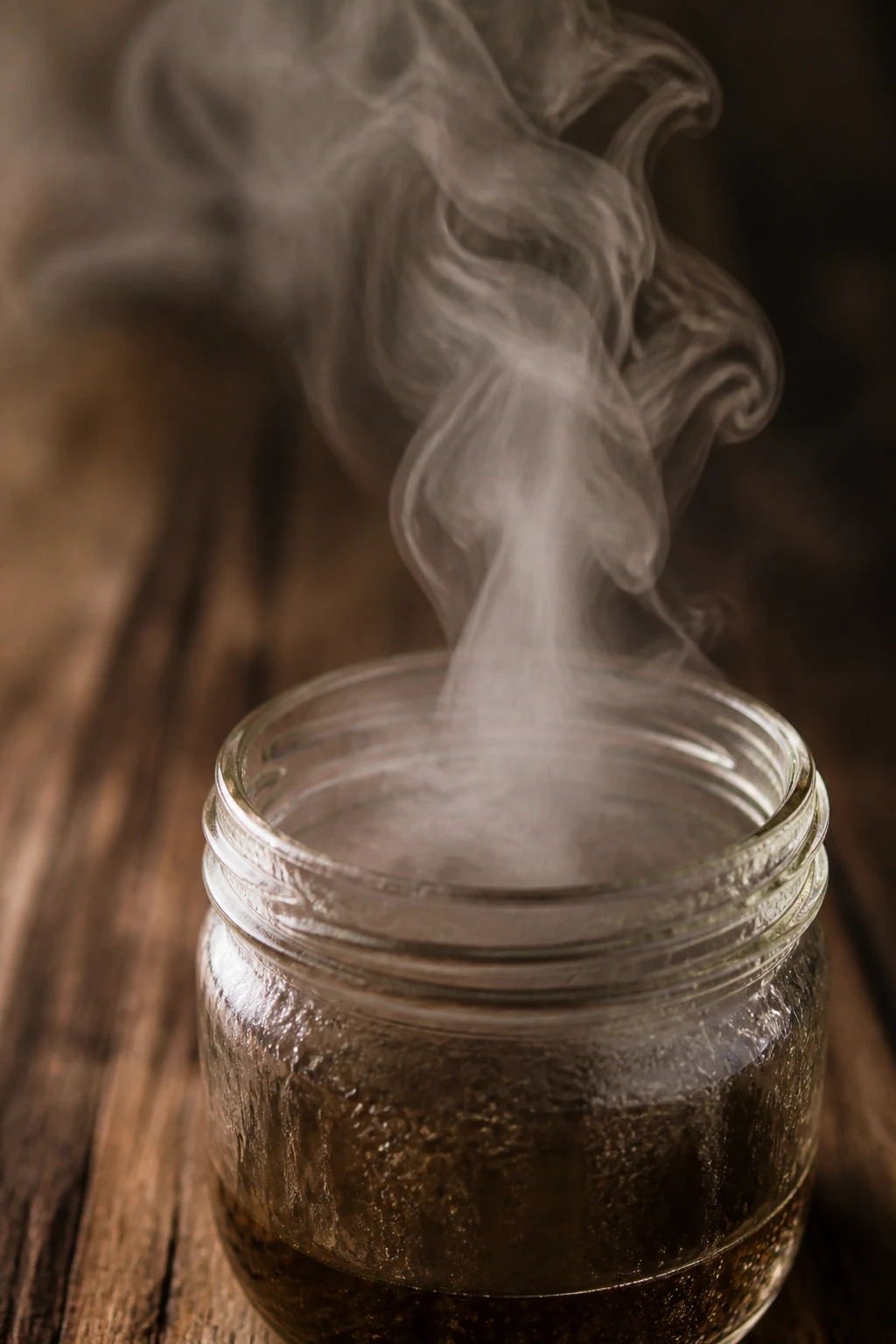 Closeup steam rising from jar on rustic wooden table