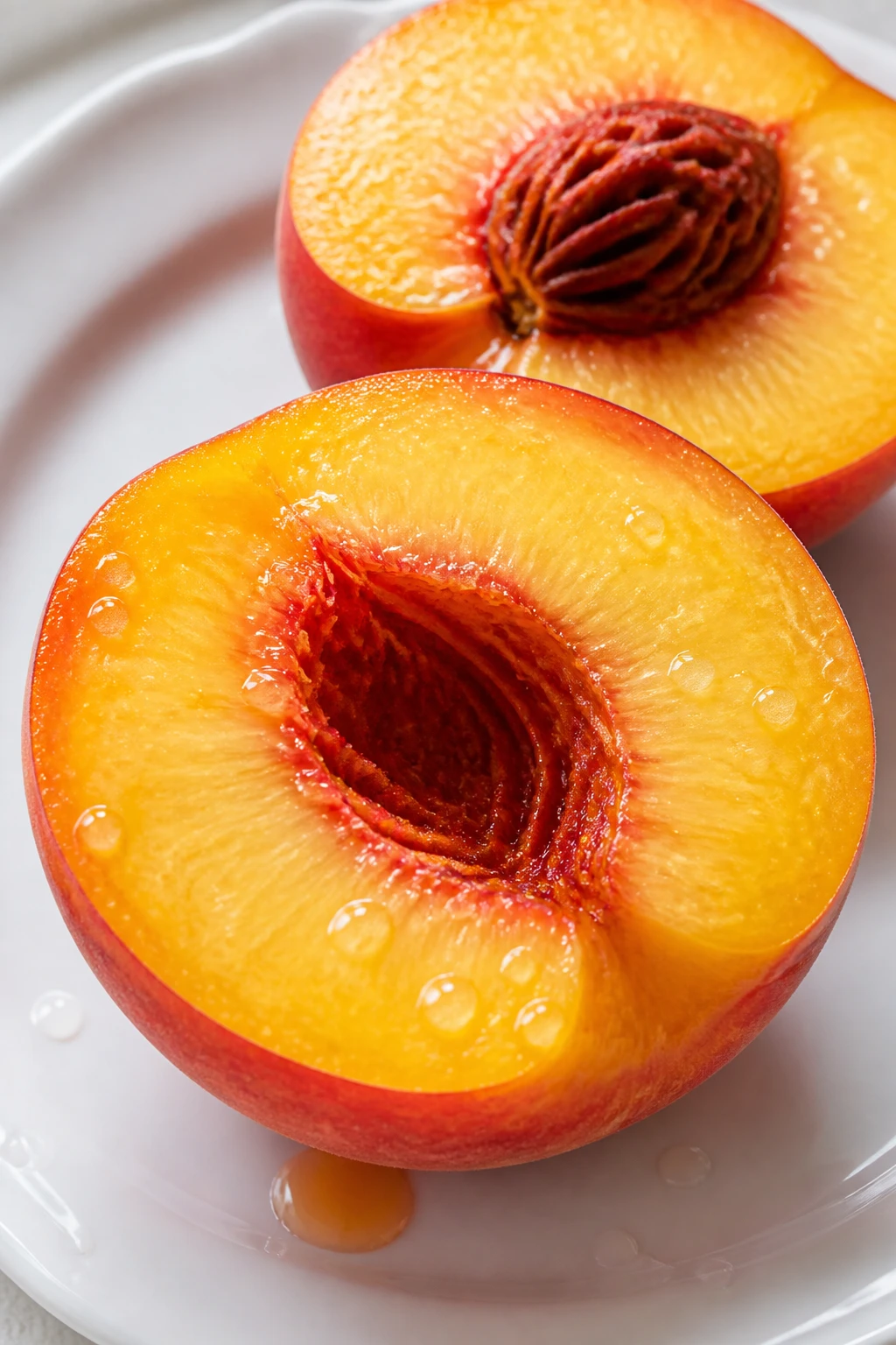 Closeup of a ripe peach halves with juice droplets on a white plate