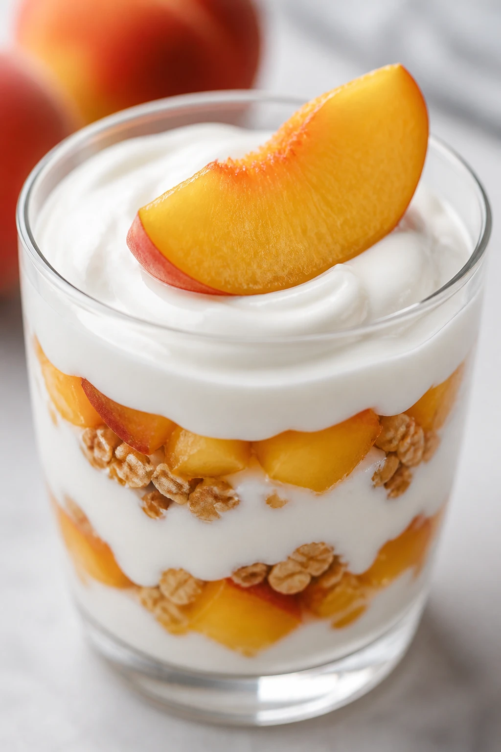 Closeup of a creamy vanilla yogurt peach parfait, single peach slice garnish