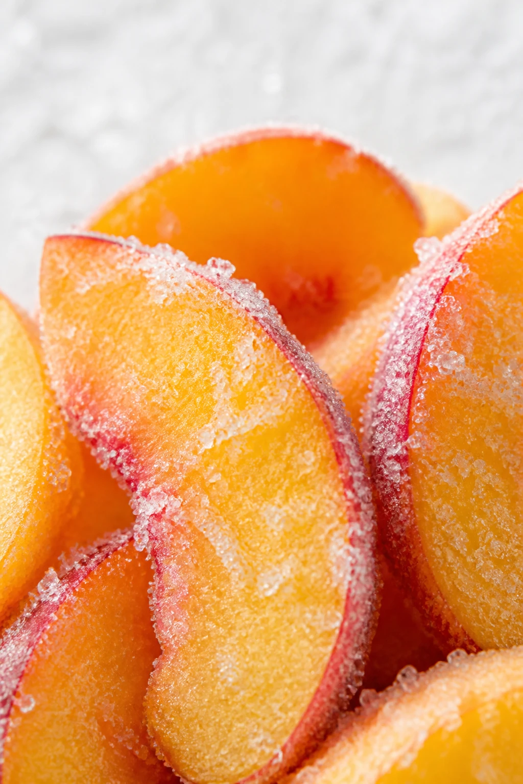 Closeup of crystallized sugar dusting on peach wedges against light background
