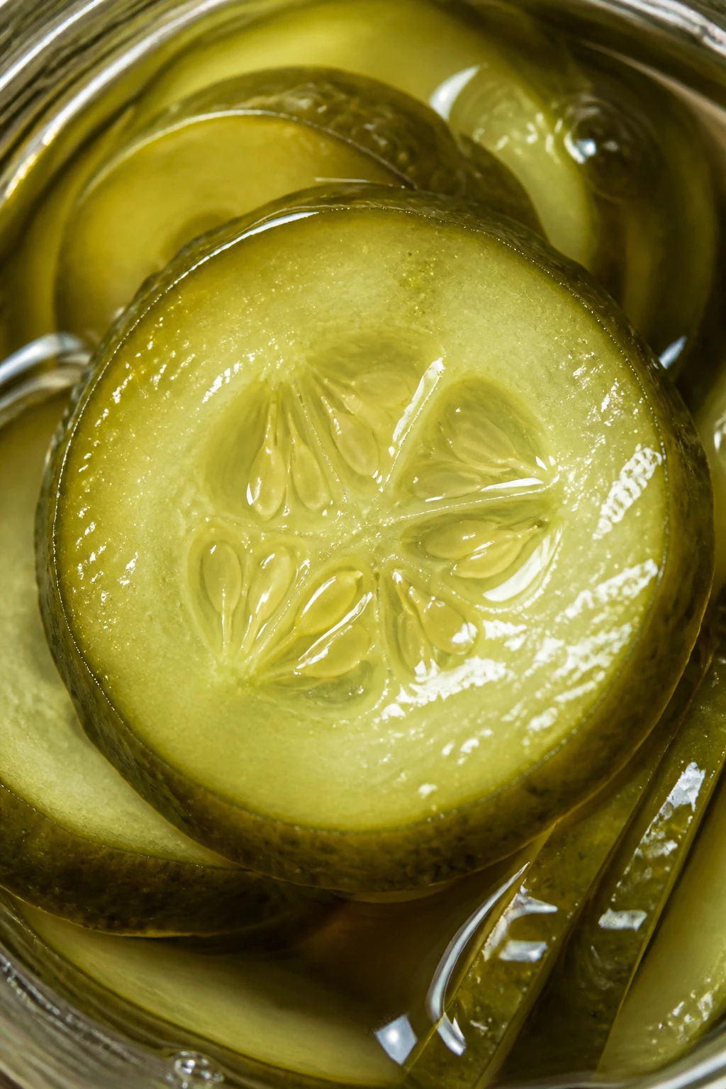 Closeup cucumber slice in vinegar jar, glossy surface, crisp texture