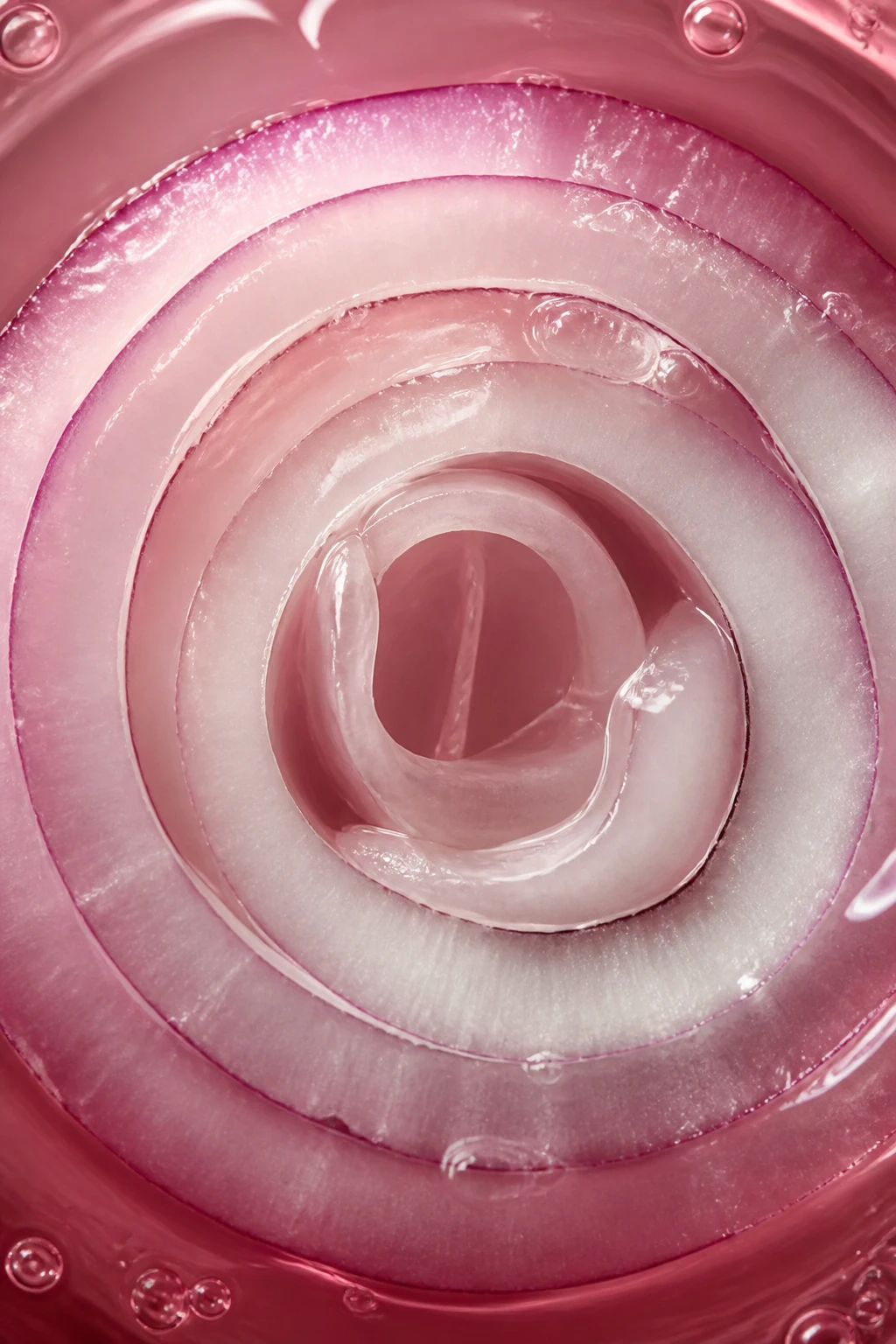 Closeup onion ring in brine, translucent layers, tangy glow