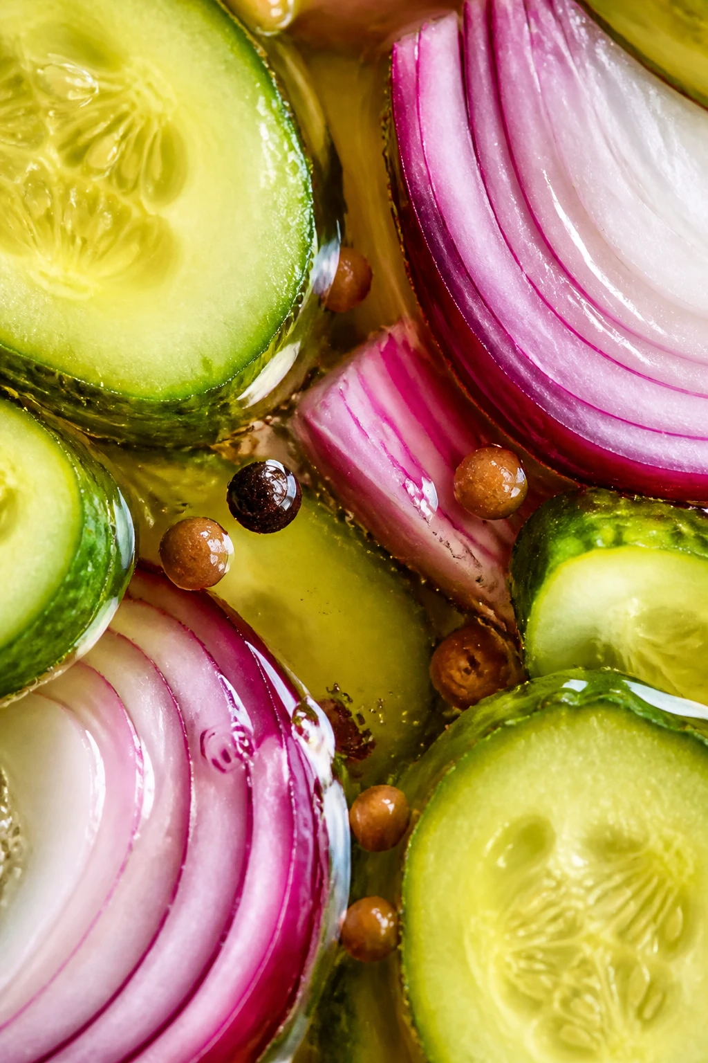 Closeup cucumber and onion halves, vivid pickling liquid, bright tang