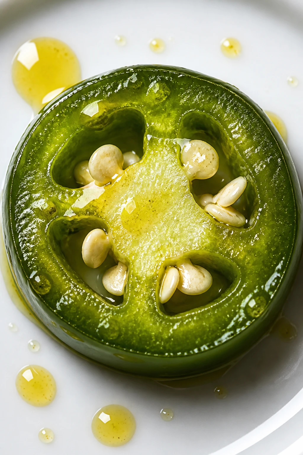 closeup jalapeño slice cross-section with oil droplets on white plate