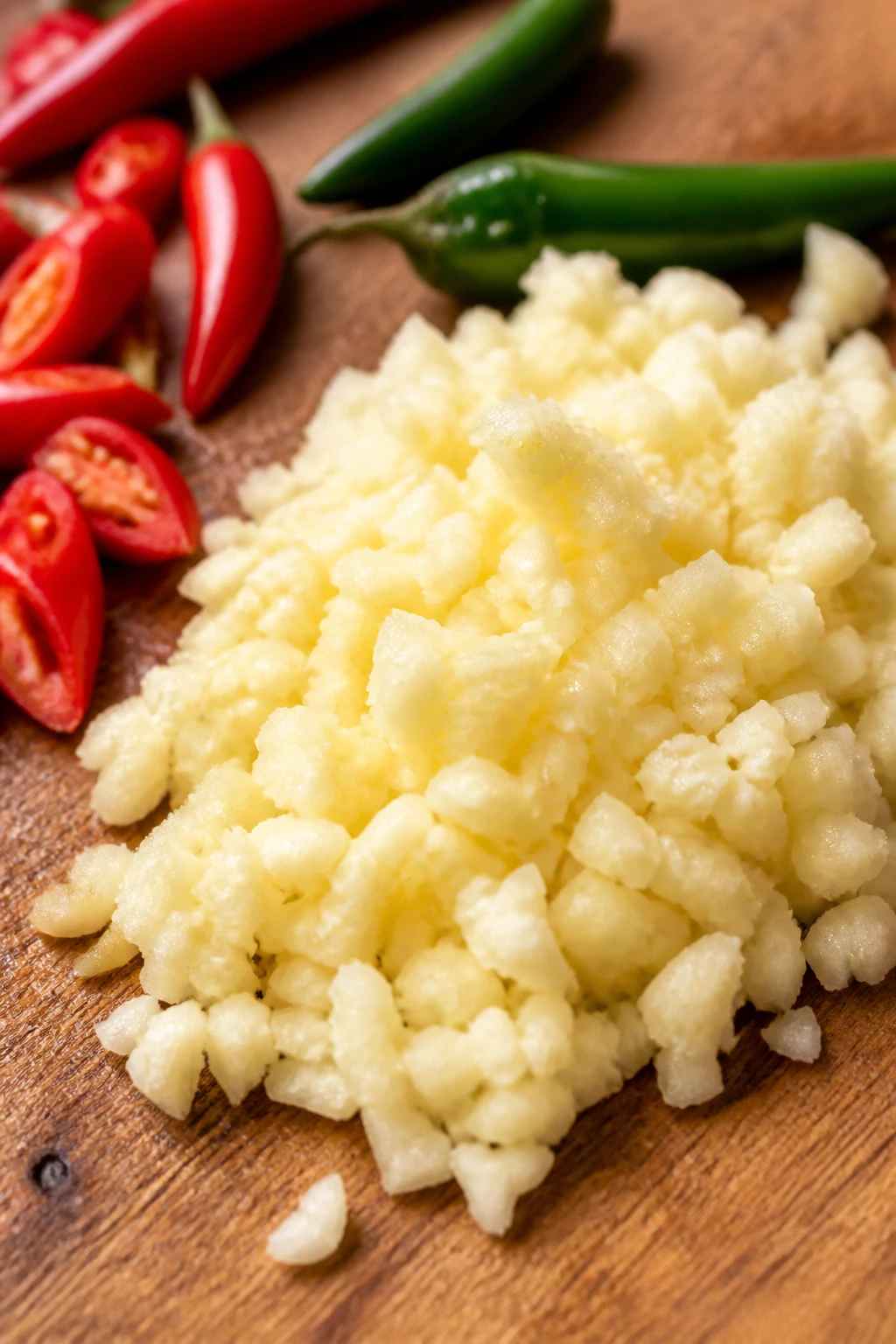 closeup minced garlic on wooden board beside chili peppers