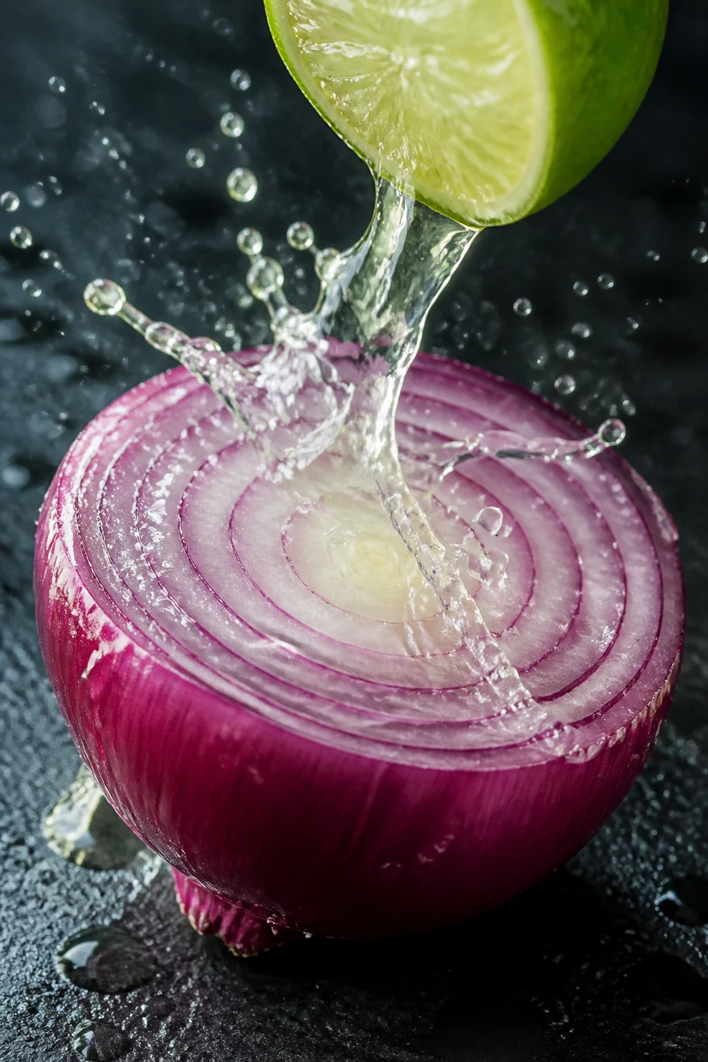 closeup lime juice splash over bright red onion half on dark slate