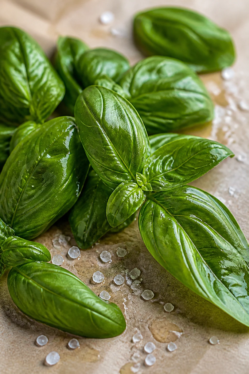 Closeup of fresh basil leaves with salt crystals on parchment