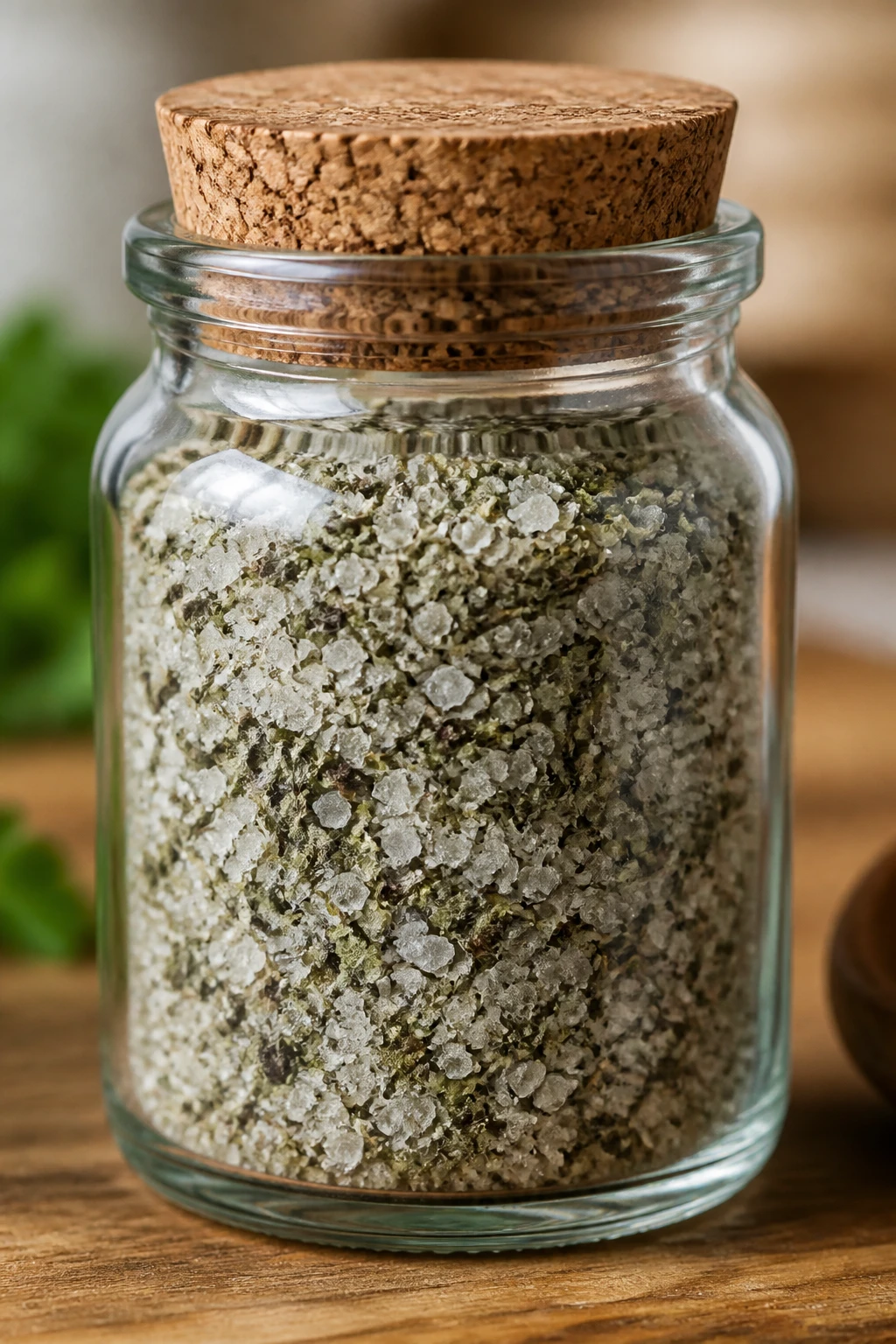 Closeup of a glass jar labeled “Basil Salt” with visible grains