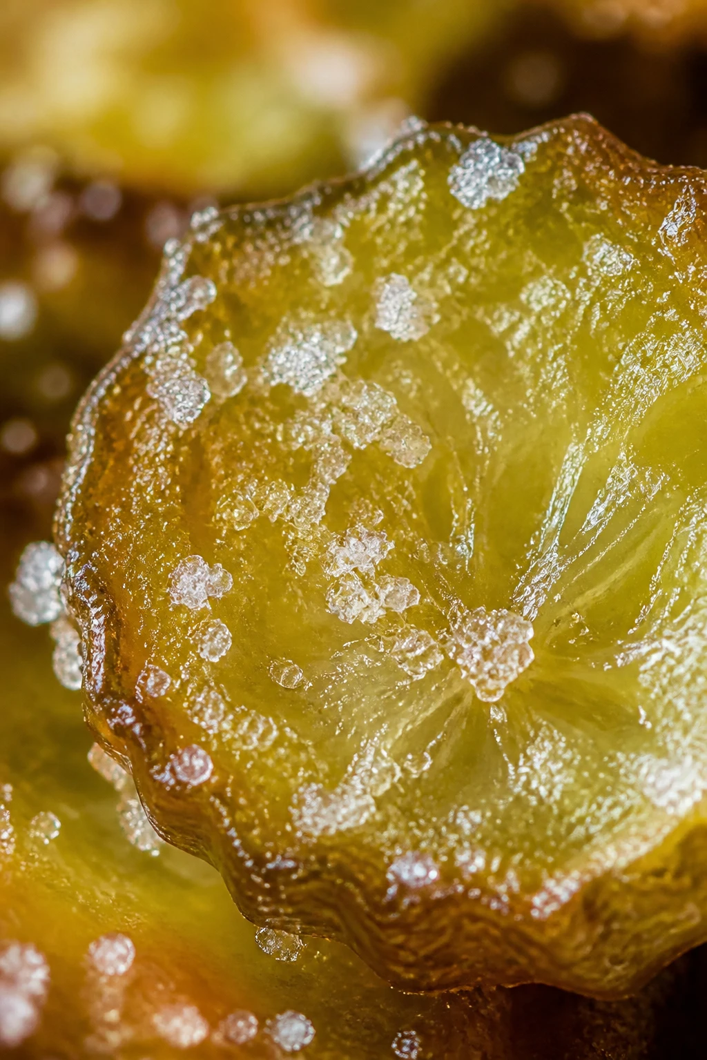 Macro shot of crispy pickle slice with sugar crystals