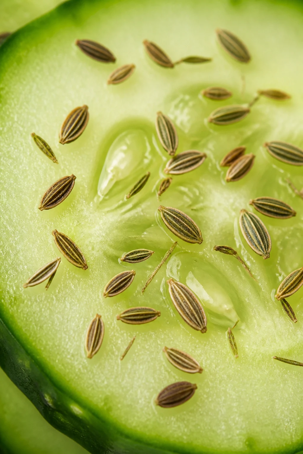 Closeup of dill seeds sprinkled on bright cucumber slice