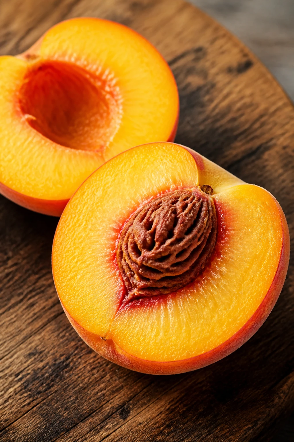Closeup of a ripe peach halves arranged on a rustic wooden board