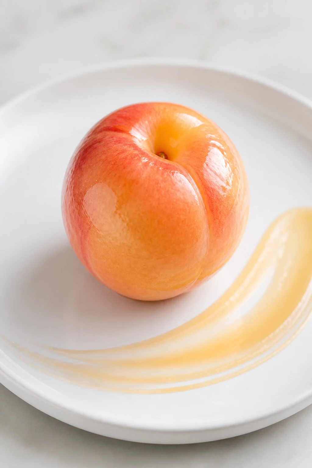 Singular glossy peach atop a white plate with subtle citrus glaze swipe