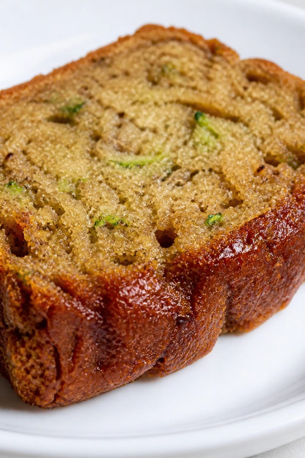 closeup of a single zucchini bread slice on a white plate, roasted crust gleam