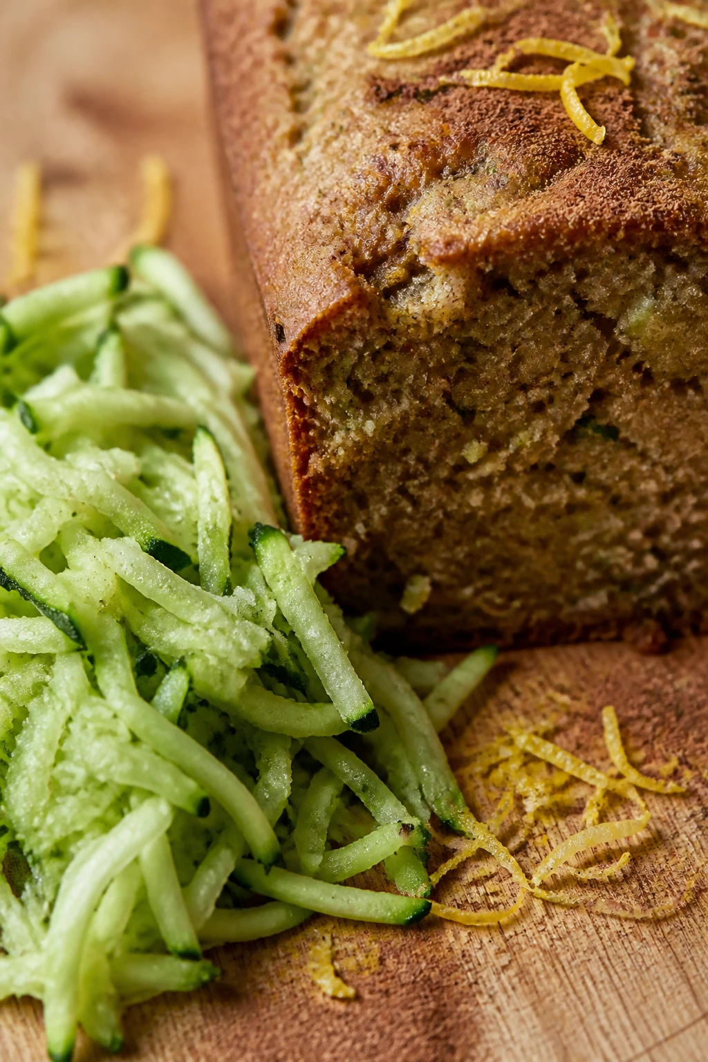 closeup of grated zucchini beside a loaf, lemon zest and cinnamon dusting