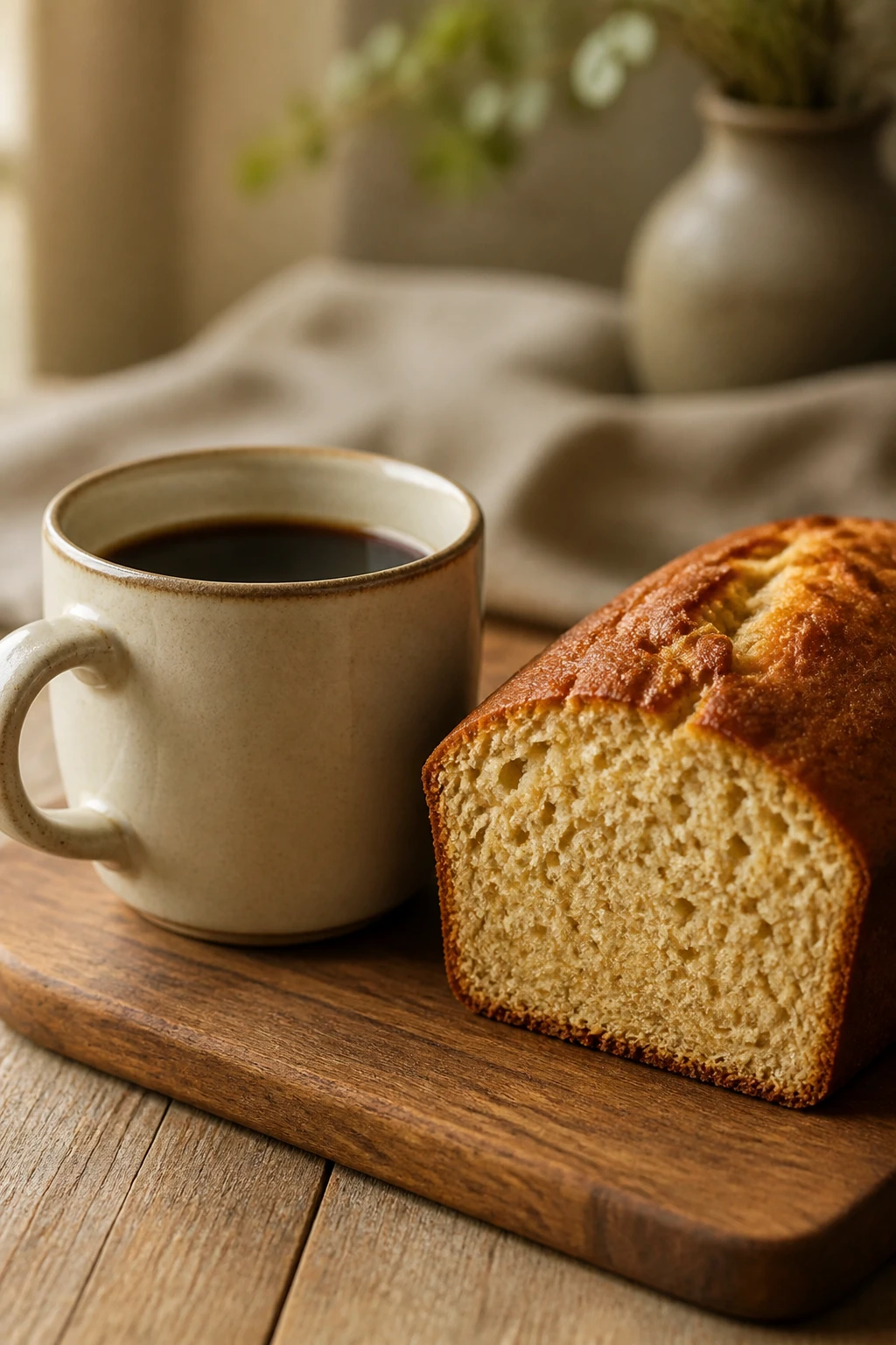 single coffee mug beside a freshly baked loaf slice, soft crumb visible